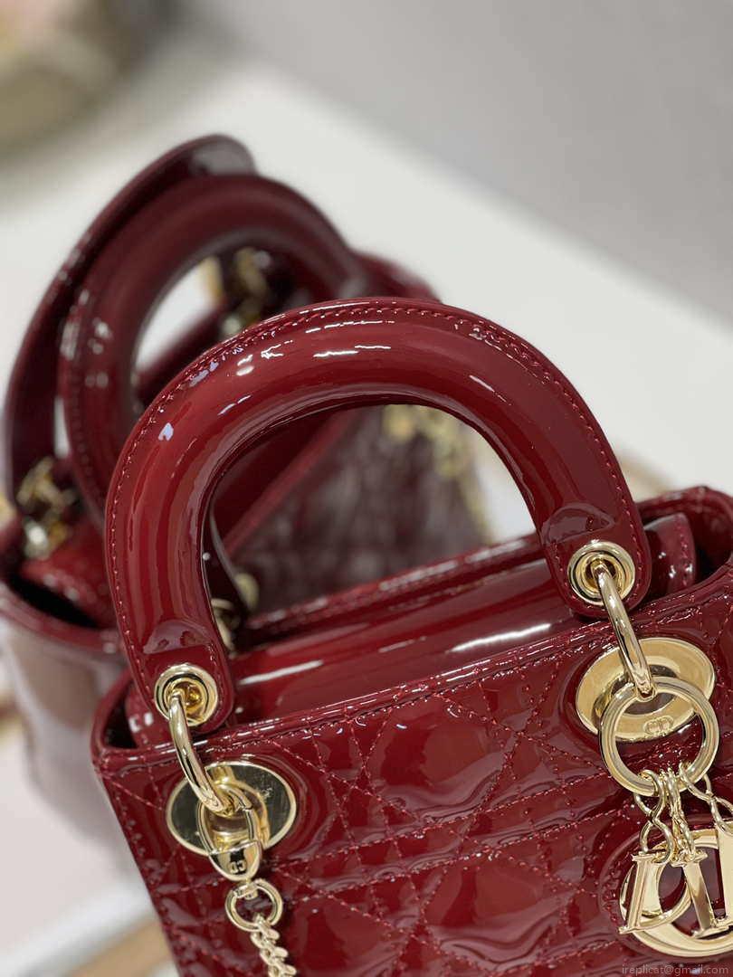 Dior Mini Lady Dior Bag M0505 Maroon Patent Cannage Calfskin