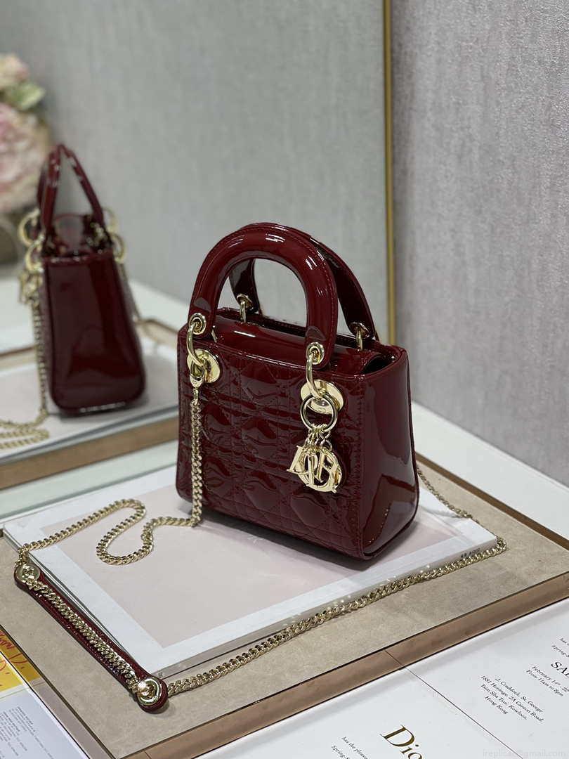 Dior Mini Lady Dior Bag M0505 Maroon Patent Cannage Calfskin