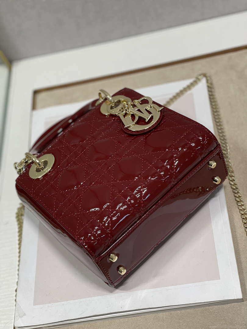 Dior Mini Lady Dior Bag M0505 Maroon Patent Cannage Calfskin