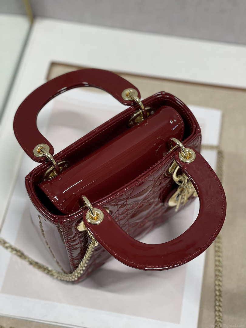 Dior Mini Lady Dior Bag M0505 Maroon Patent Cannage Calfskin