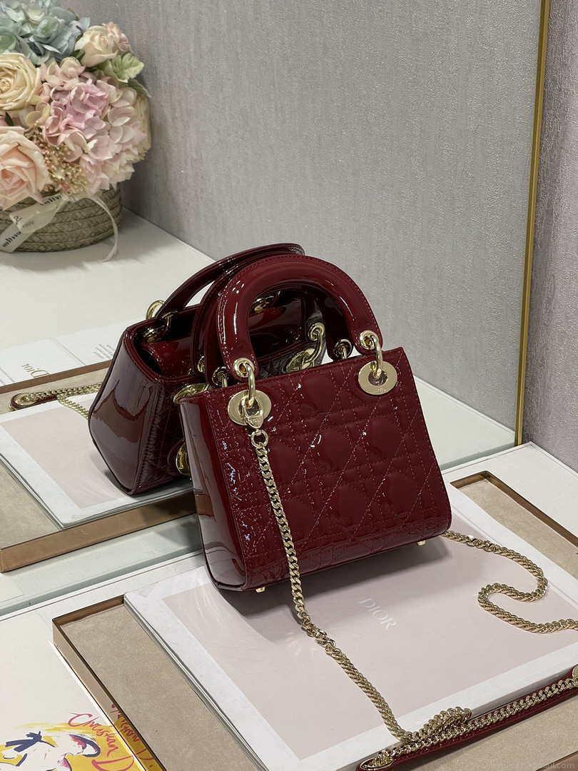 Dior Mini Lady Dior Bag M0505 Maroon Patent Cannage Calfskin