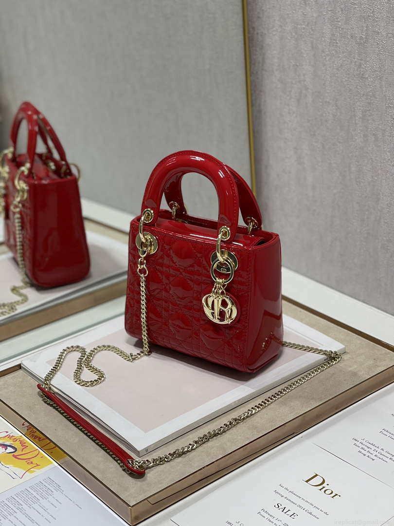 Dior Mini Lady Dior Bag M0505 Cherry red Patent Cannage Calfskin