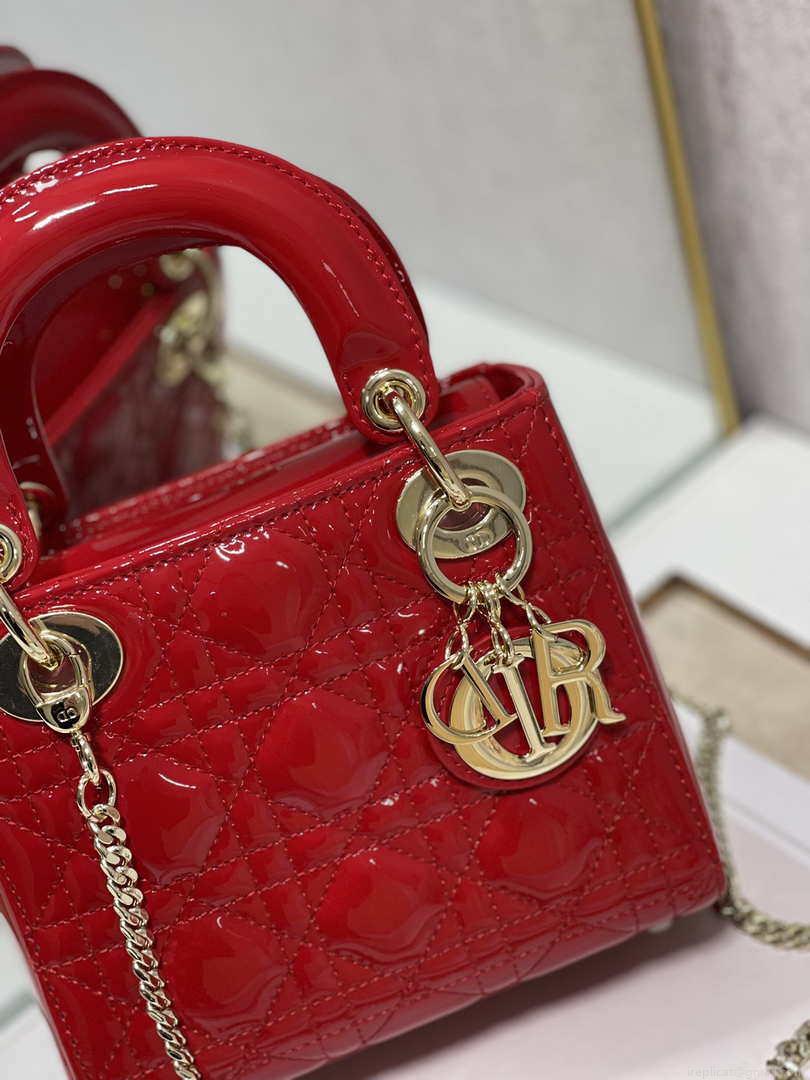 Dior Mini Lady Dior Bag M0505 Cherry red Patent Cannage Calfskin