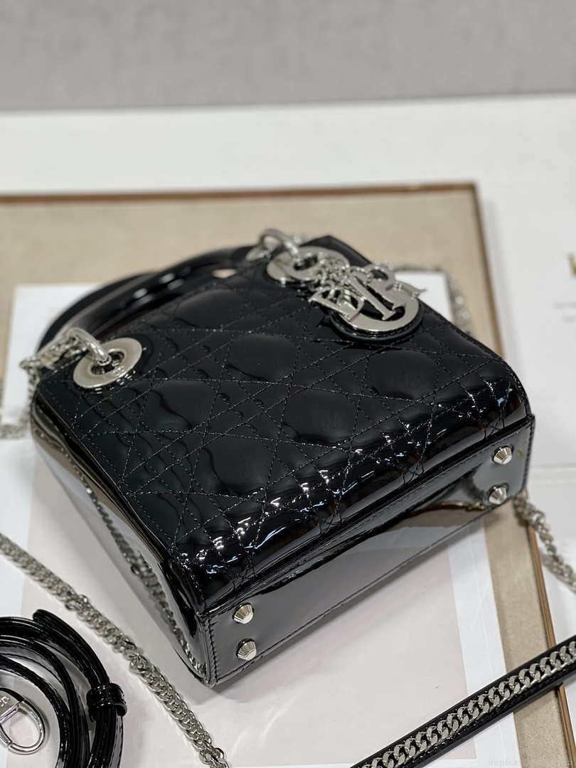 Dior Mini Lady Dior Bag M0505 Black Patent Cannage Calfskin Silver