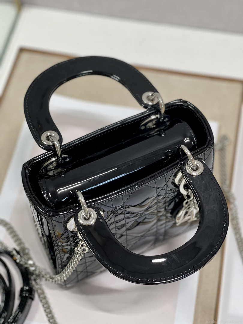 Dior Mini Lady Dior Bag M0505 Black Patent Cannage Calfskin Silver