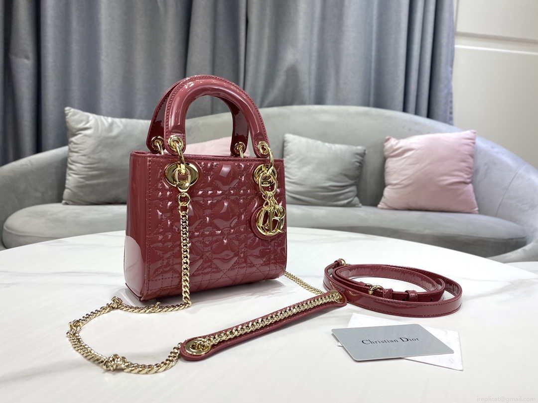 Dior Mini Lady Dior Bag M0505 Hibiscus Powder Patent Cannage Calfskin