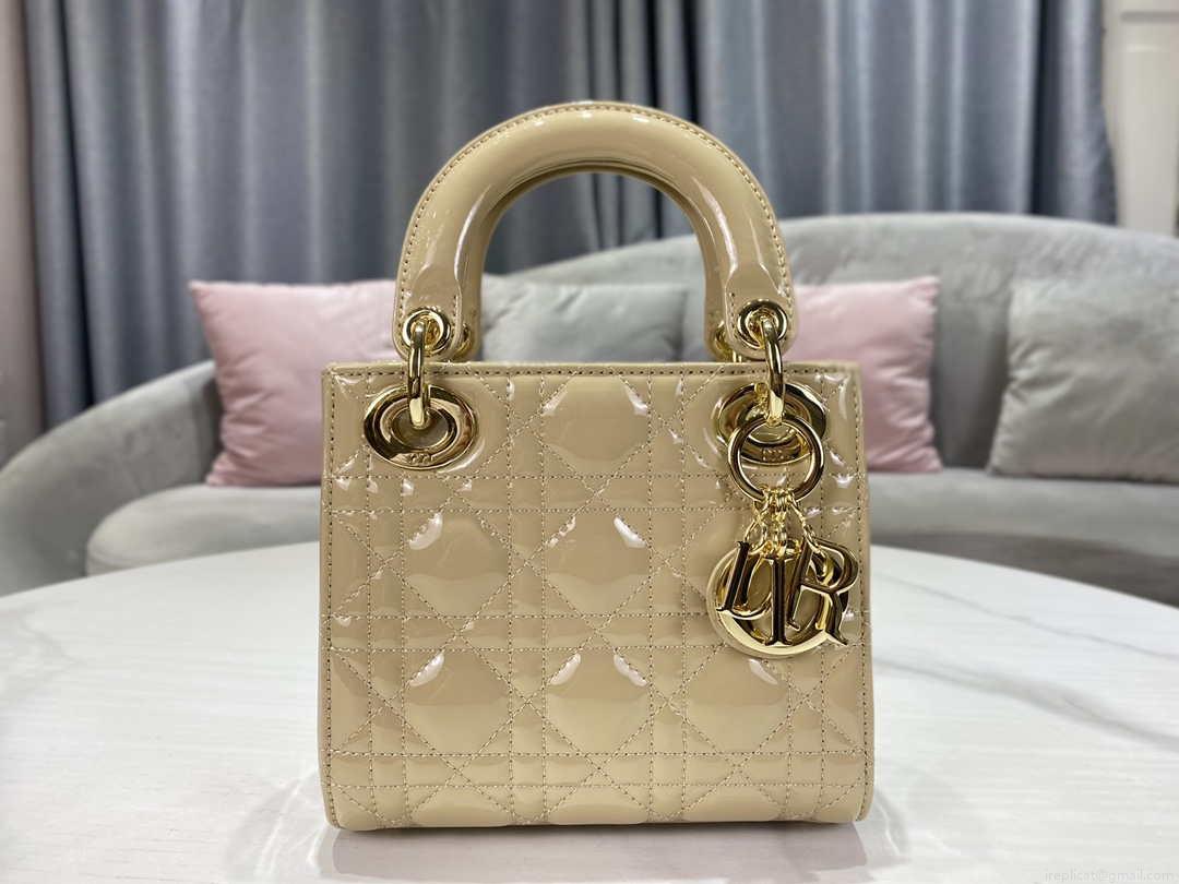 Dior M0505 Mini Lady Dior Bag Apricot Gold Patent Cannage Calfskin