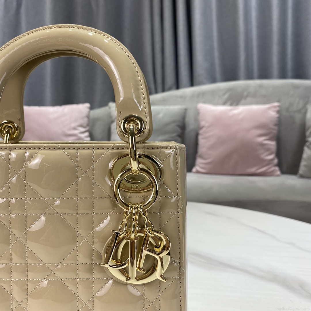 Dior M0505 Mini Lady Dior Bag Apricot Gold Patent Cannage Calfskin