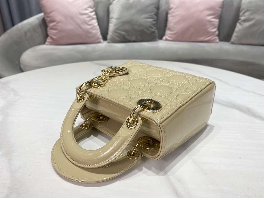 Dior M0505 Mini Lady Dior Bag Apricot Gold Patent Cannage Calfskin