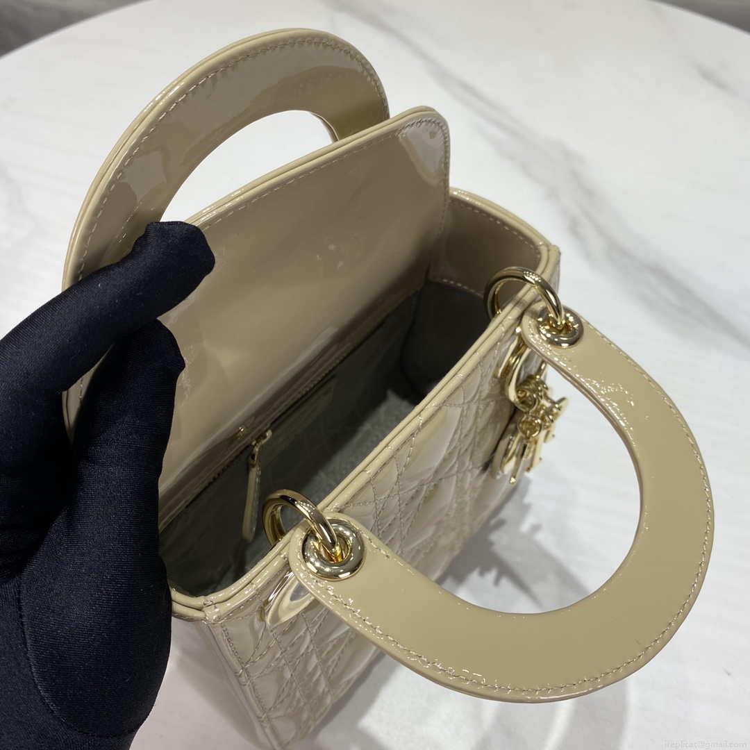 Dior M0505 Mini Lady Dior Bag Apricot Gold Patent Cannage Calfskin