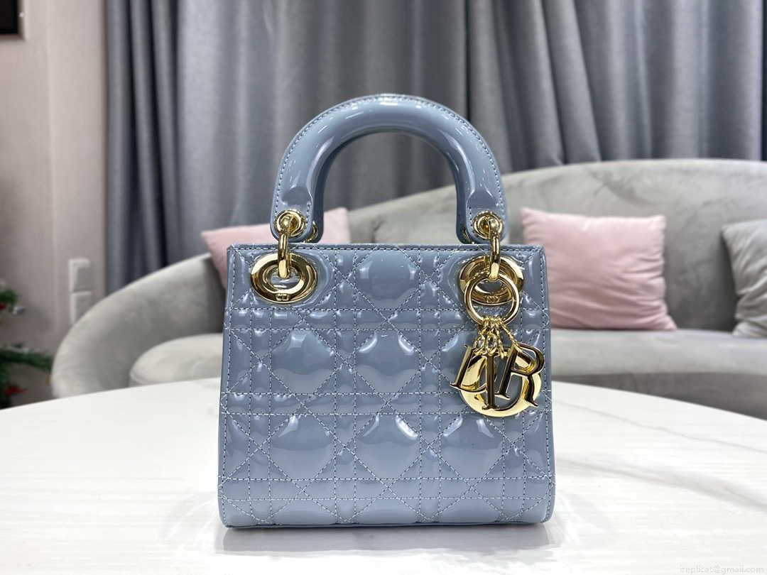 Dior M0505 Mini Lady Dior Bag Sky Blue Patent Cannage Calfskin