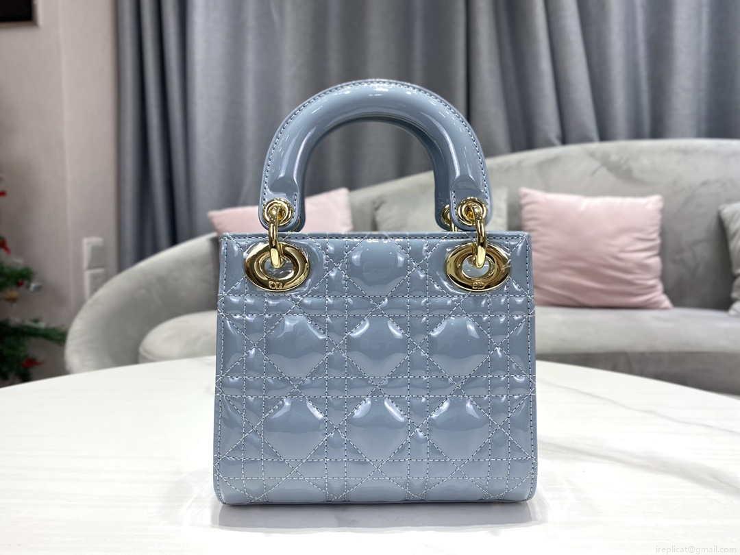 Dior M0505 Mini Lady Dior Bag Sky Blue Patent Cannage Calfskin