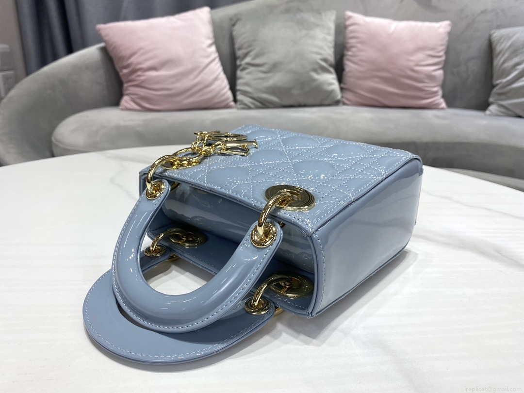 Dior M0505 Mini Lady Dior Bag Sky Blue Patent Cannage Calfskin