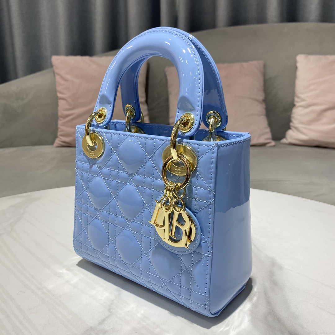 Dior M0505 Mini Lady Dior Bag chrysanthemum Blue Patent Cannage Calfskin