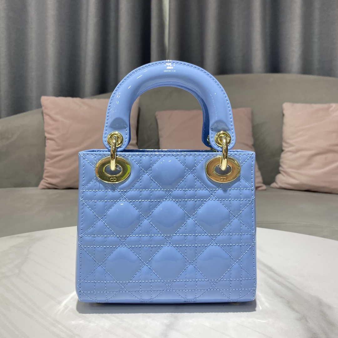 Dior M0505 Mini Lady Dior Bag chrysanthemum Blue Patent Cannage Calfskin