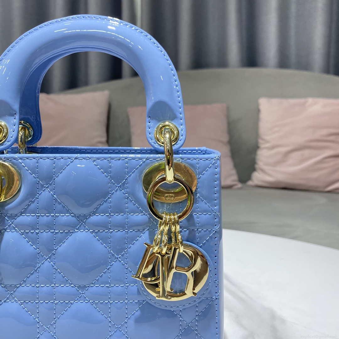 Dior M0505 Mini Lady Dior Bag chrysanthemum Blue Patent Cannage Calfskin