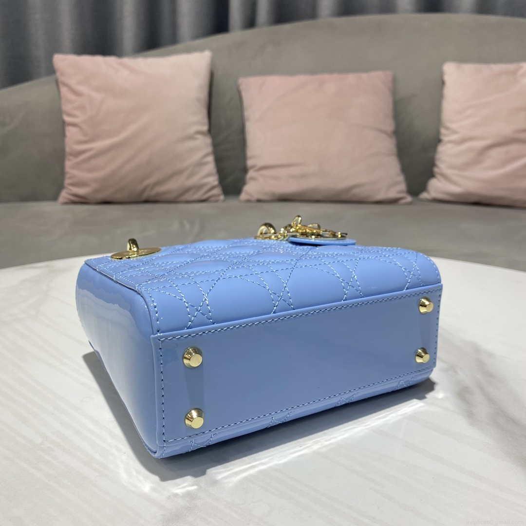 Dior M0505 Mini Lady Dior Bag chrysanthemum Blue Patent Cannage Calfskin