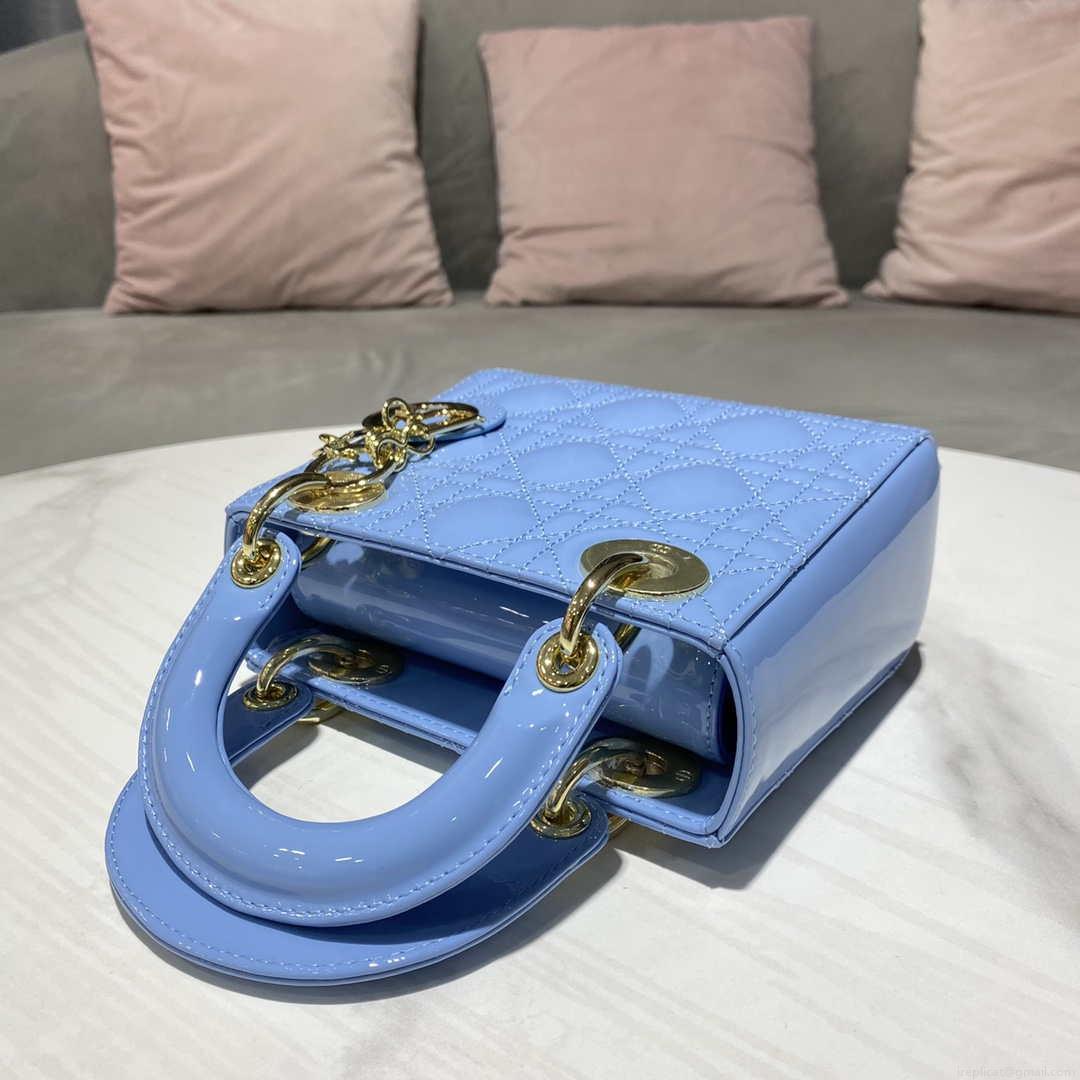 Dior M0505 Mini Lady Dior Bag chrysanthemum Blue Patent Cannage Calfskin
