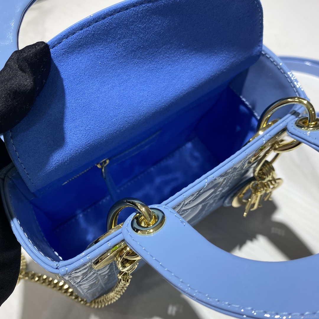 Dior M0505 Mini Lady Dior Bag chrysanthemum Blue Patent Cannage Calfskin