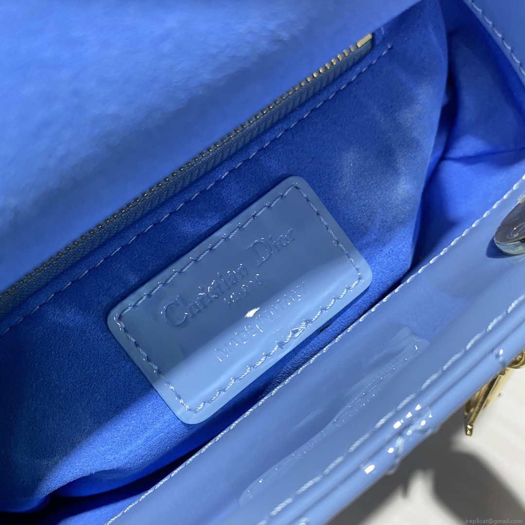 Dior M0505 Mini Lady Dior Bag chrysanthemum Blue Patent Cannage Calfskin