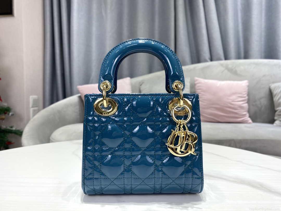 Dior M0505 Mini Lady Dior Bag Navy Blue Patent Cannage Calfskin