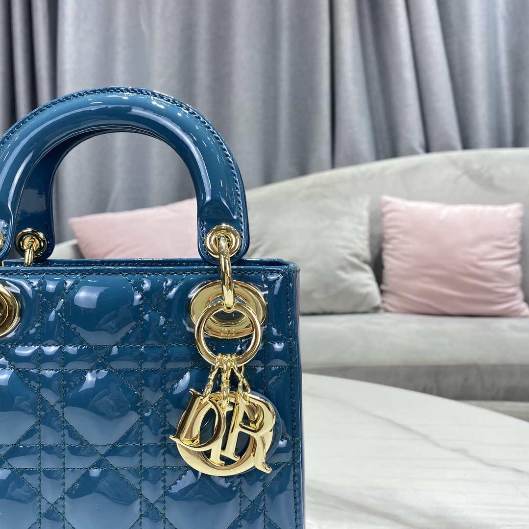 Dior M0505 Mini Lady Dior Bag Navy Blue Patent Cannage Calfskin