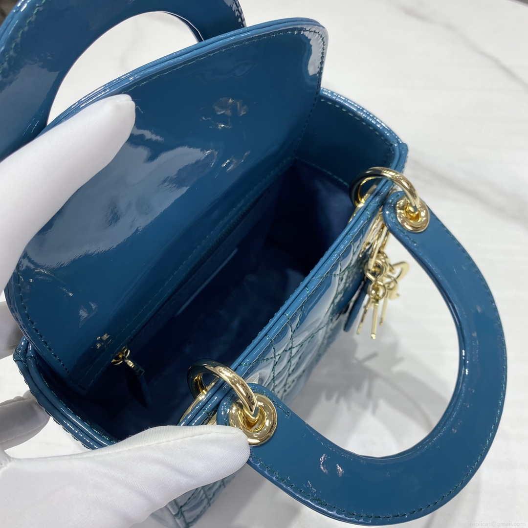Dior M0505 Mini Lady Dior Bag Navy Blue Patent Cannage Calfskin