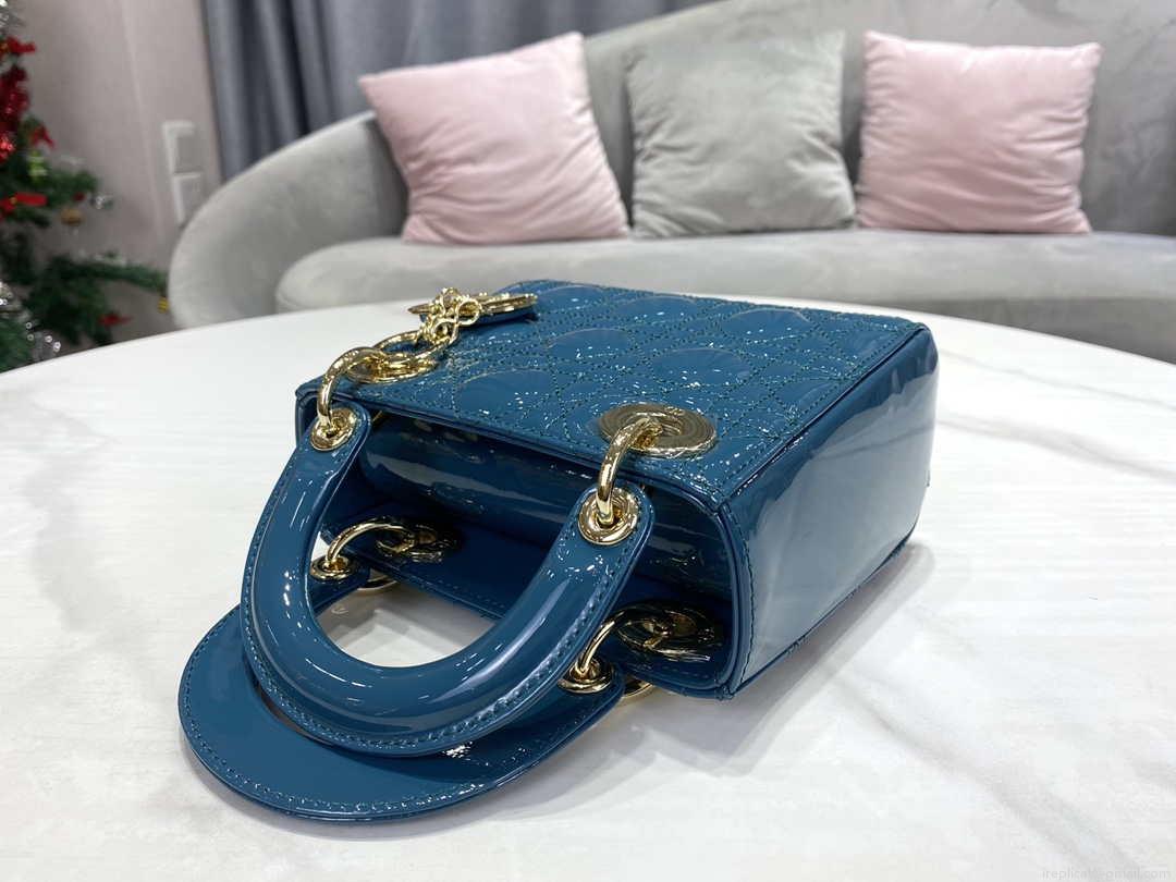 Dior M0505 Mini Lady Dior Bag Navy Blue Patent Cannage Calfskin