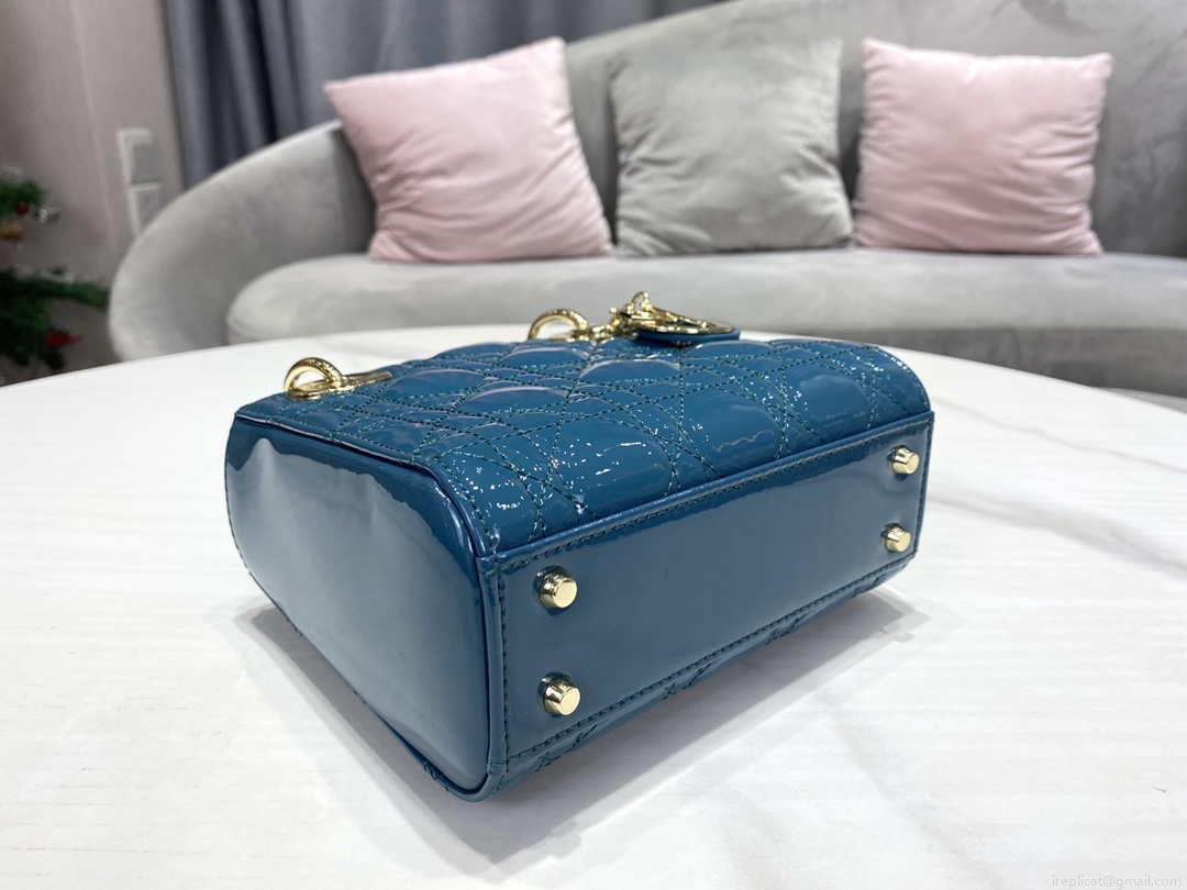 Dior M0505 Mini Lady Dior Bag Navy Blue Patent Cannage Calfskin