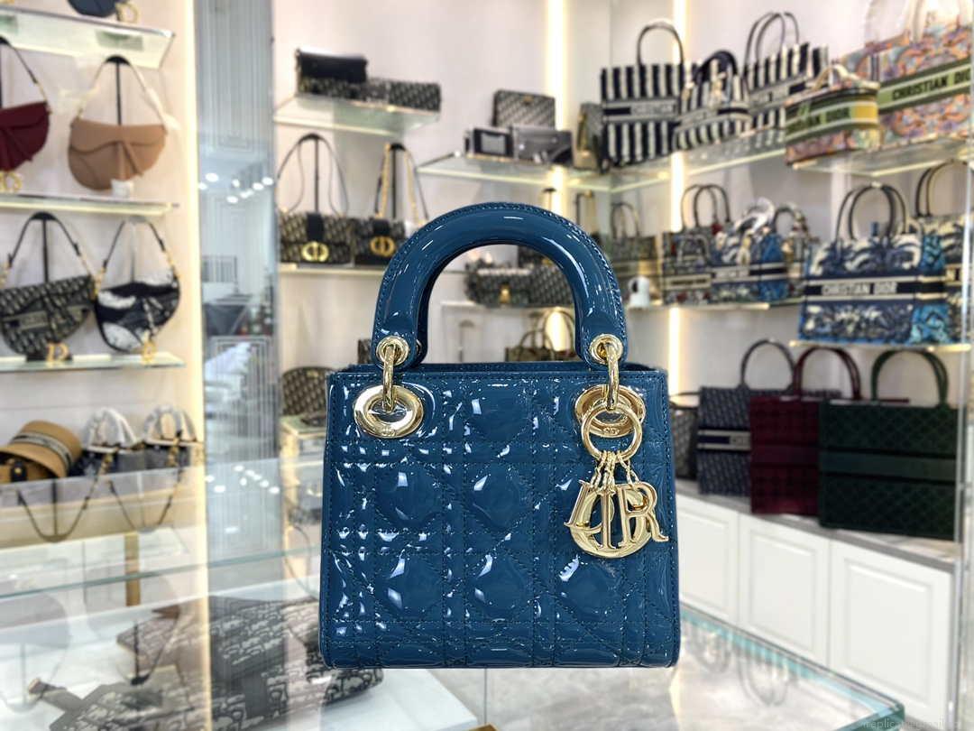 Dior M0505 Mini Lady Dior Bag Navy Blue Patent Cannage Calfskin