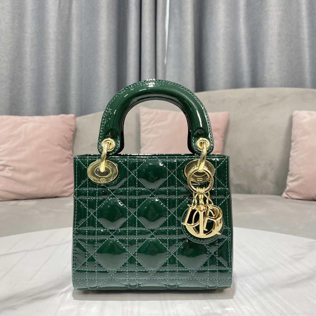 Dior M0505 Mini Lady Dior Bag Dark Green Patent Cannage Calfskin