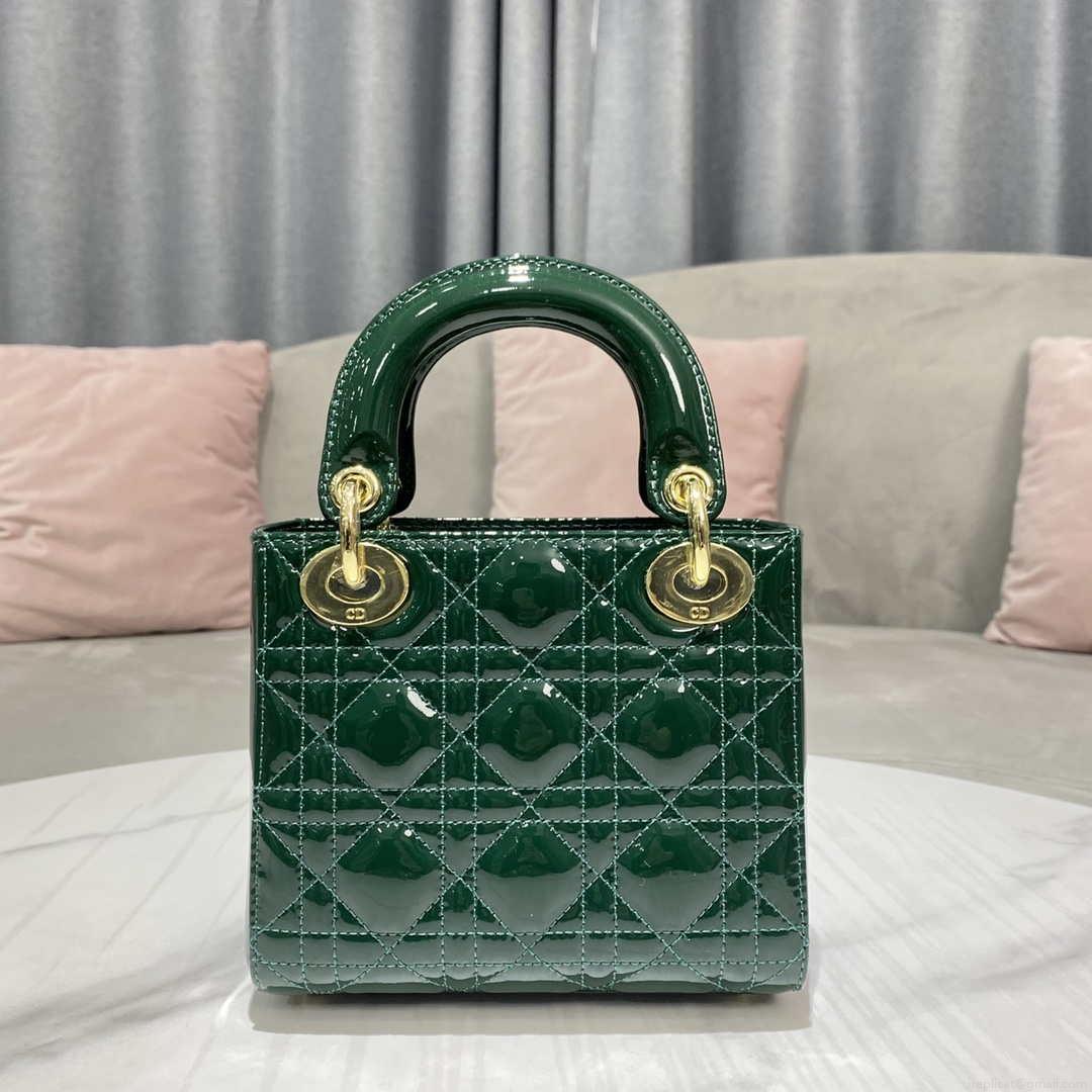 Dior M0505 Mini Lady Dior Bag Dark Green Patent Cannage Calfskin
