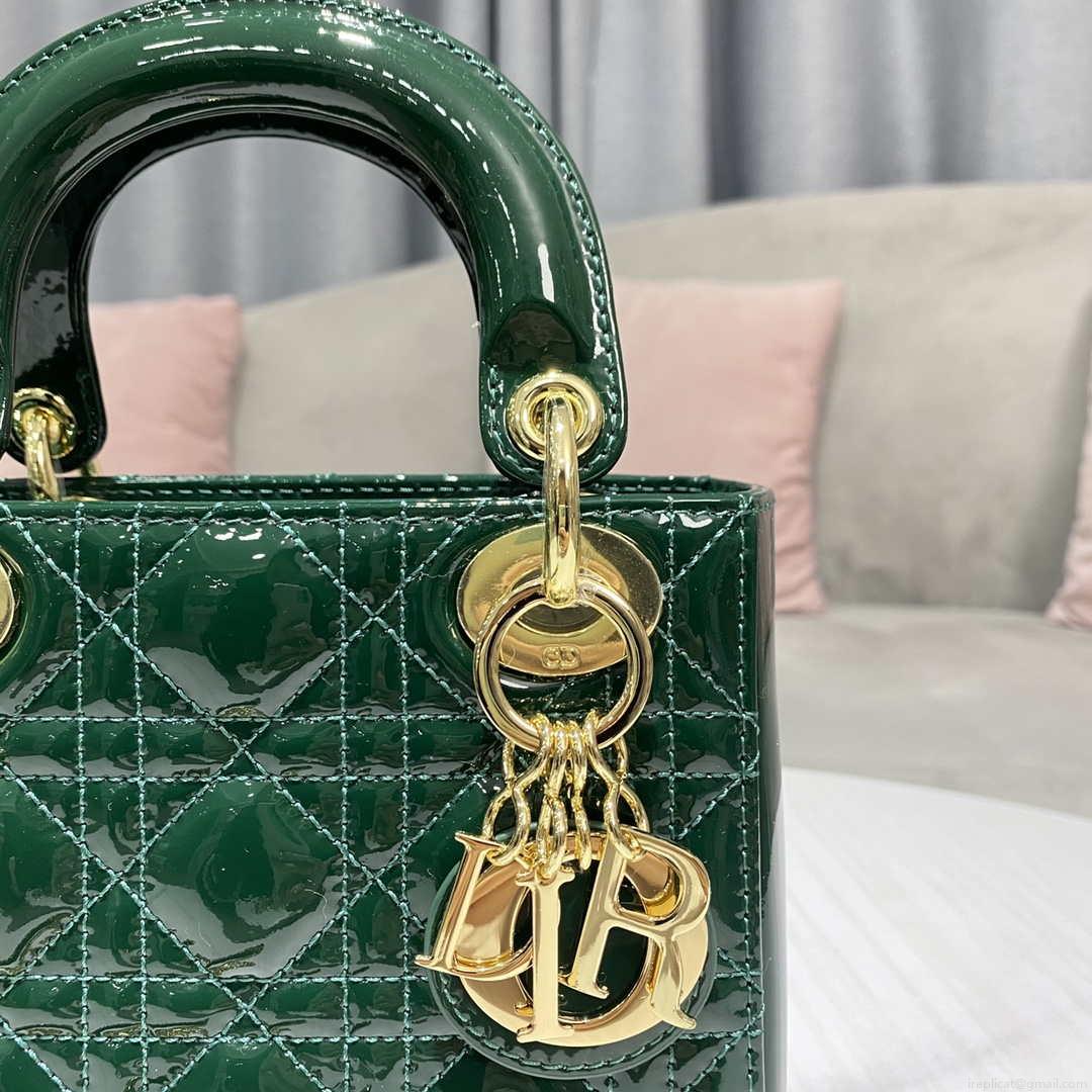 Dior M0505 Mini Lady Dior Bag Dark Green Patent Cannage Calfskin