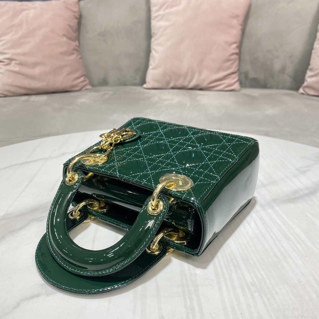 Dior M0505 Mini Lady Dior Bag Dark Green Patent Cannage Calfskin