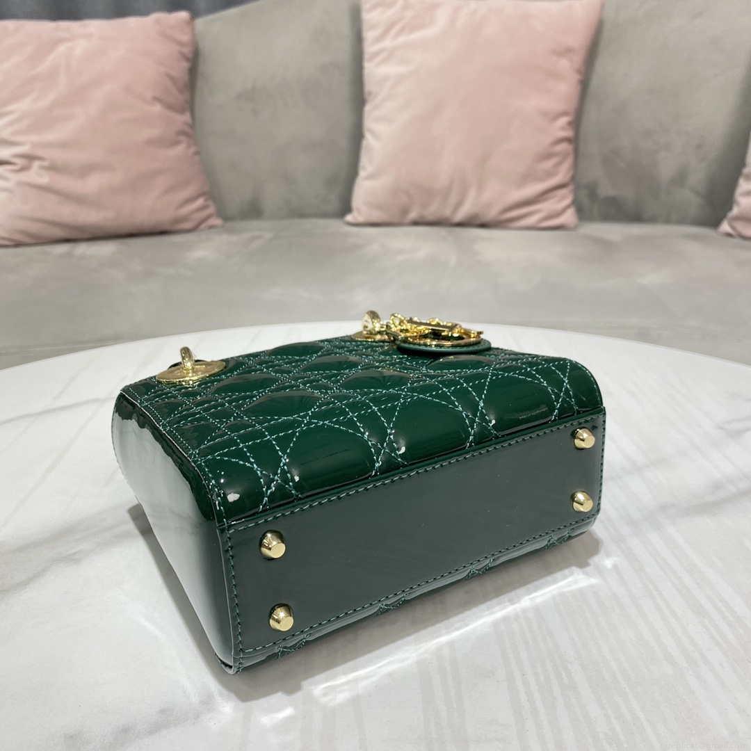 Dior M0505 Mini Lady Dior Bag Dark Green Patent Cannage Calfskin