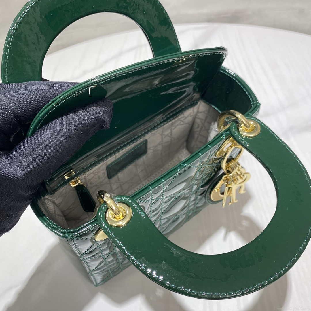 Dior M0505 Mini Lady Dior Bag Dark Green Patent Cannage Calfskin