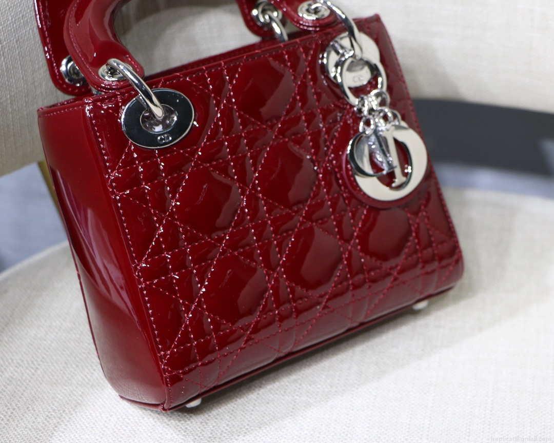Dior M0505 Mini Lady Dior Bag Wine Red Patent Cannage Calfskin Silver