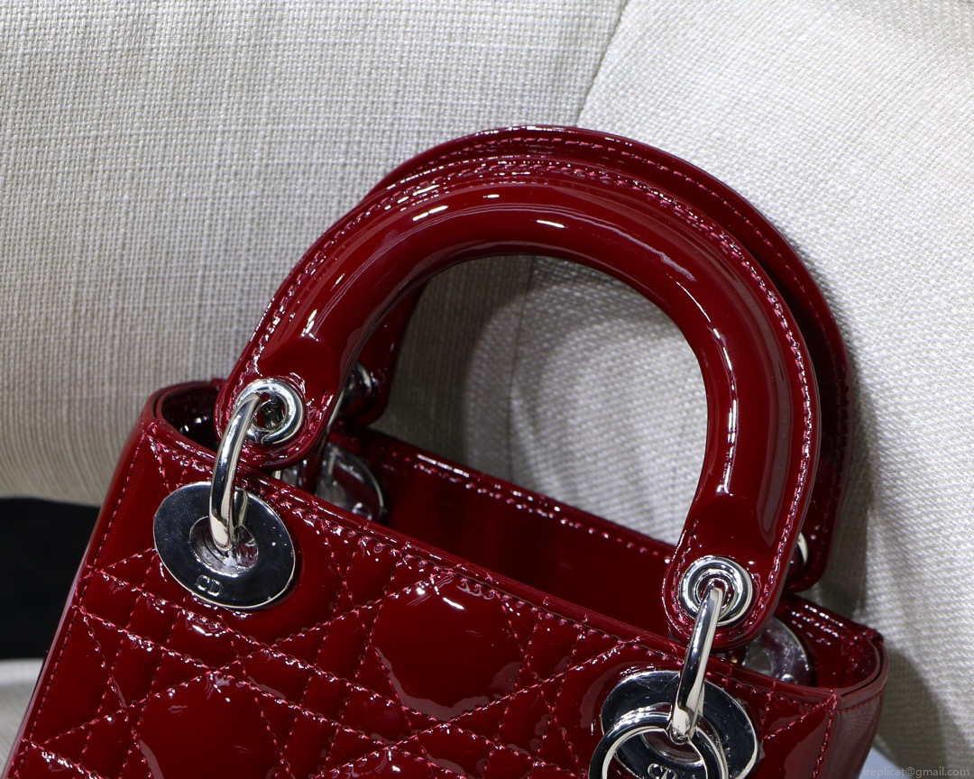 Dior M0505 Mini Lady Dior Bag Wine Red Patent Cannage Calfskin Silver