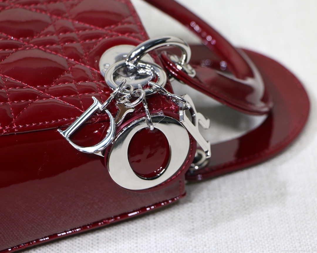 Dior M0505 Mini Lady Dior Bag Wine Red Patent Cannage Calfskin Silver