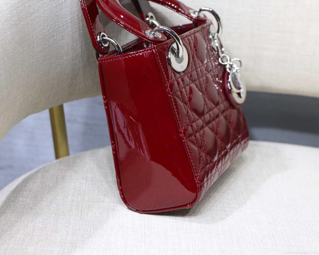 Dior M0505 Mini Lady Dior Bag Wine Red Patent Cannage Calfskin Silver