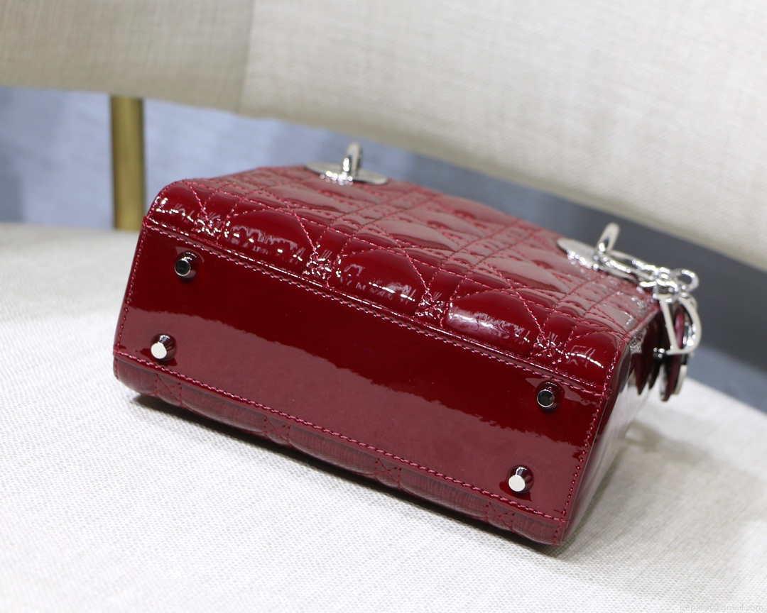Dior M0505 Mini Lady Dior Bag Wine Red Patent Cannage Calfskin Silver