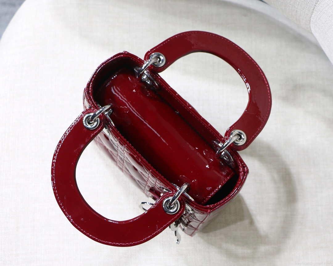 Dior M0505 Mini Lady Dior Bag Wine Red Patent Cannage Calfskin Silver