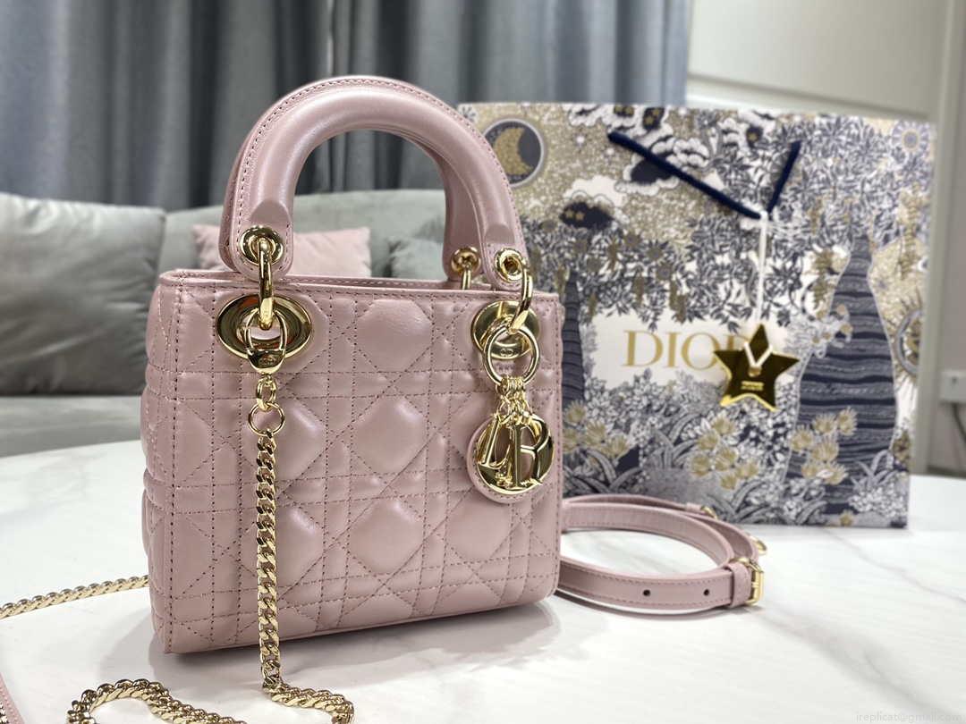 Dior M0505 Mini Dior Lady Bag Pink Cannage lambskin Gold