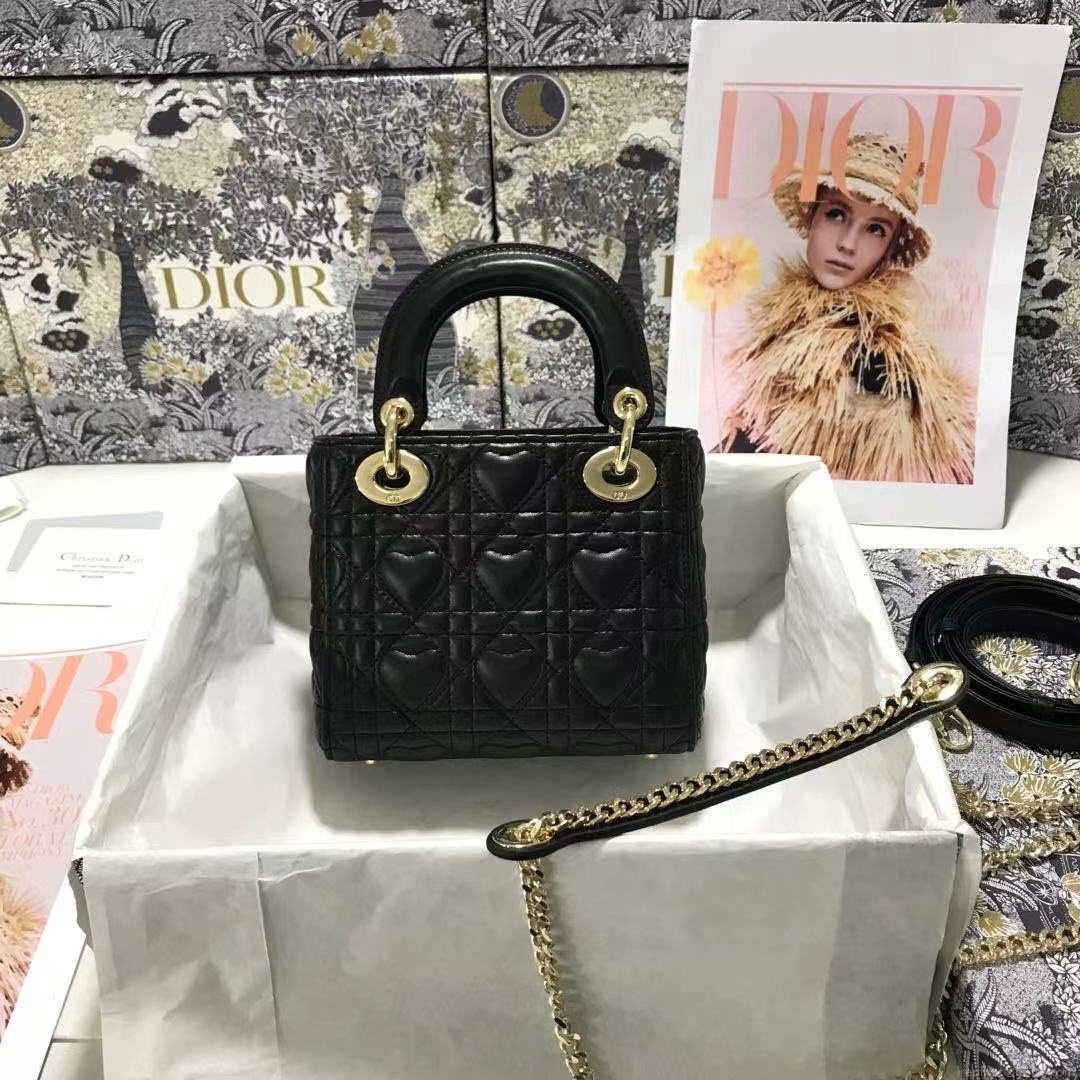 Dior M0505 Mini Dior Lady Bag Black Cannage lambskin Gold with Red Logo