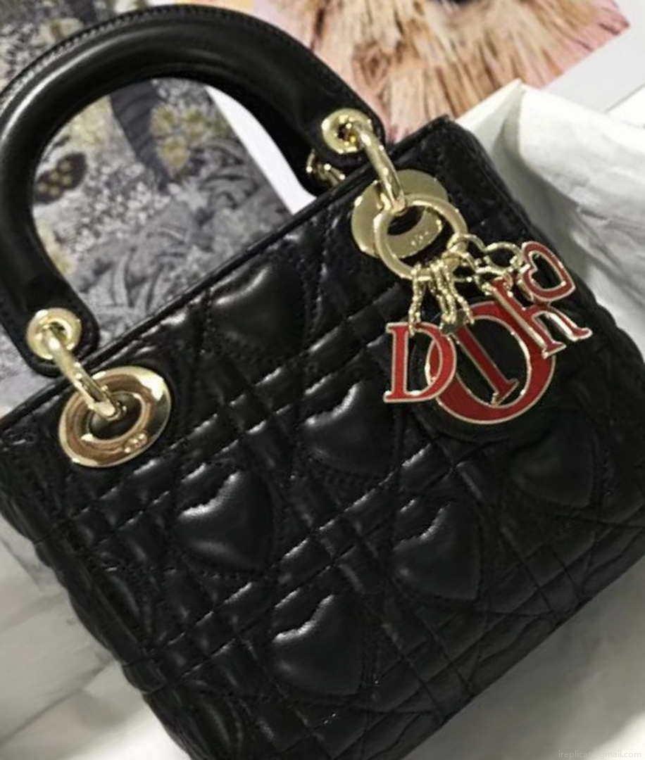 Dior M0505 Mini Dior Lady Bag Black Cannage lambskin Gold with Red Logo