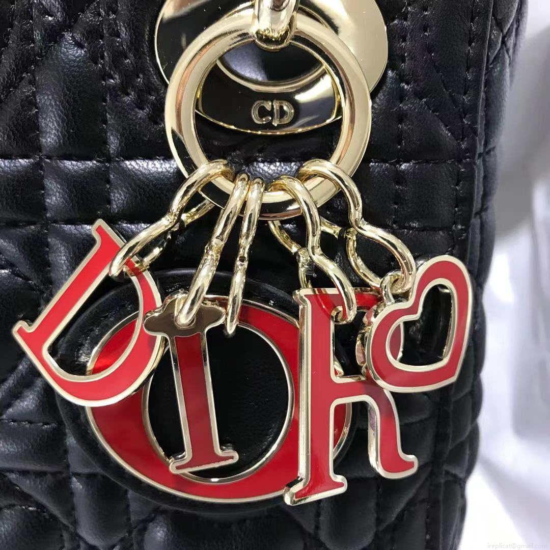 Dior M0505 Mini Dior Lady Bag Black Cannage lambskin Gold with Red Logo