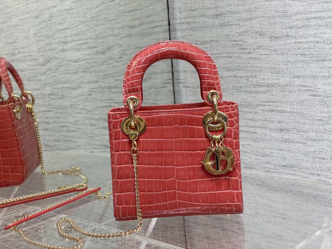 Dior M0505 Mini Dior Lady Bag Red Cannage Crocodile Gold