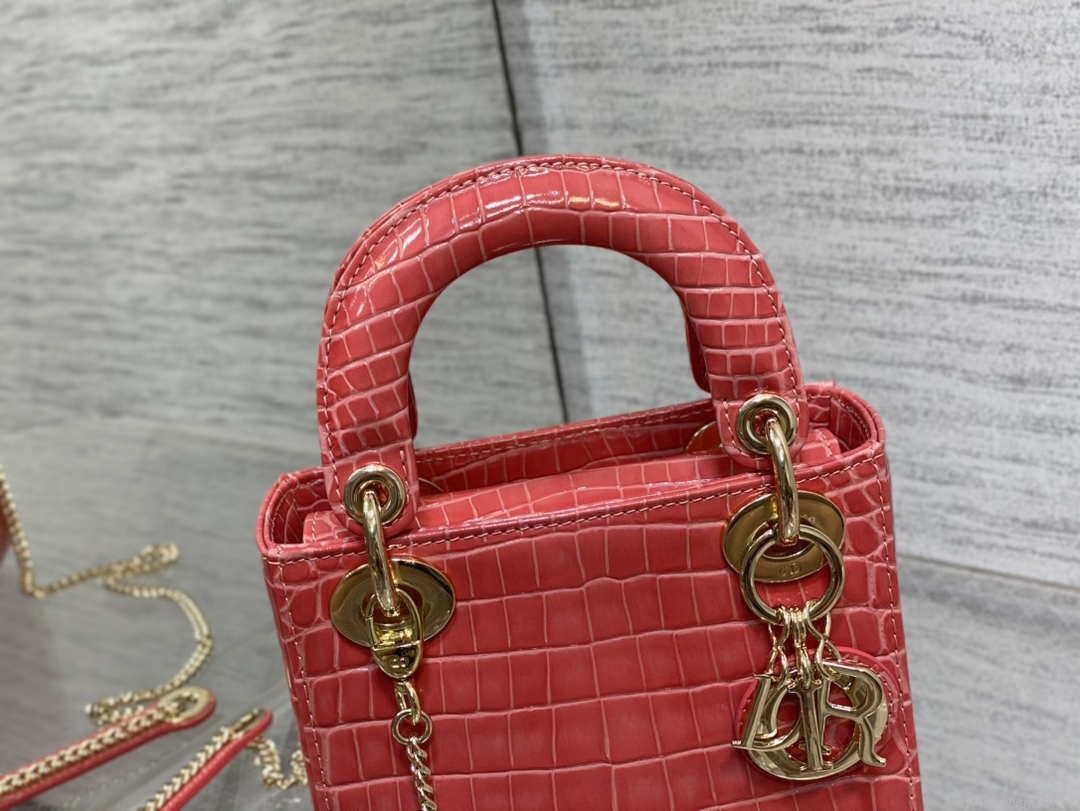 Dior M0505 Mini Dior Lady Bag Red Cannage Crocodile Gold