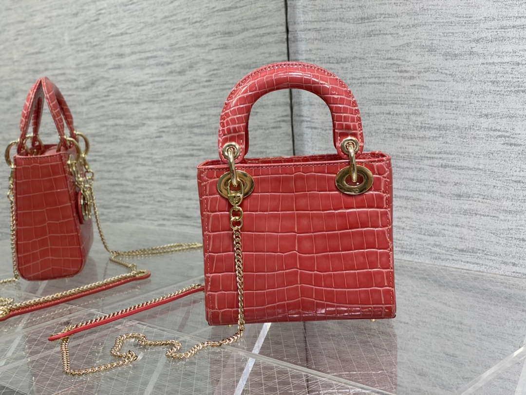 Dior M0505 Mini Dior Lady Bag Red Cannage Crocodile Gold