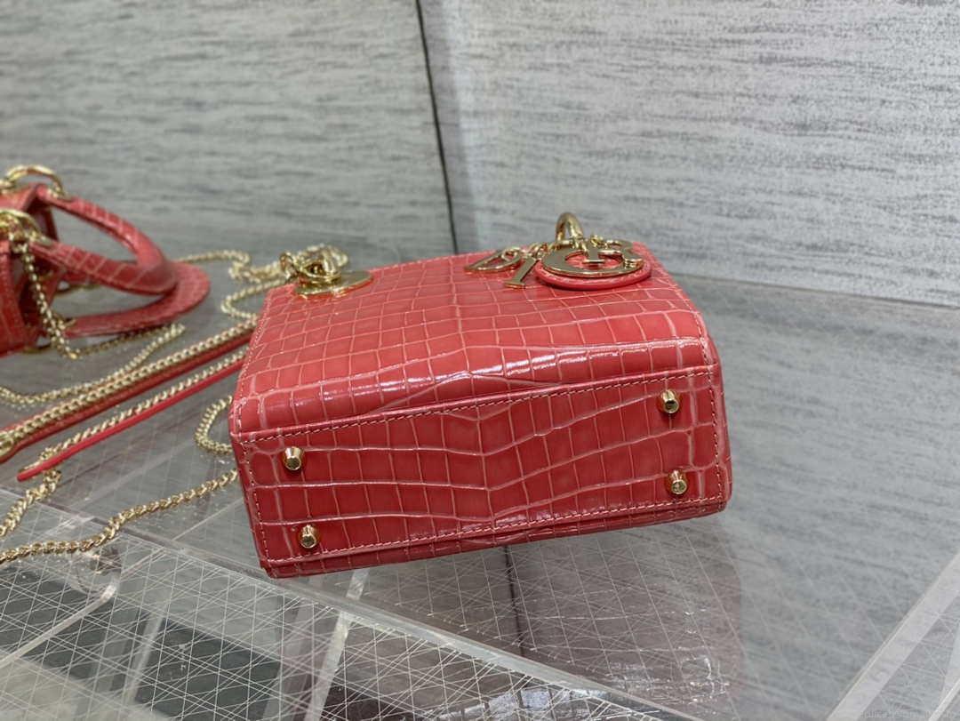 Dior M0505 Mini Dior Lady Bag Red Cannage Crocodile Gold